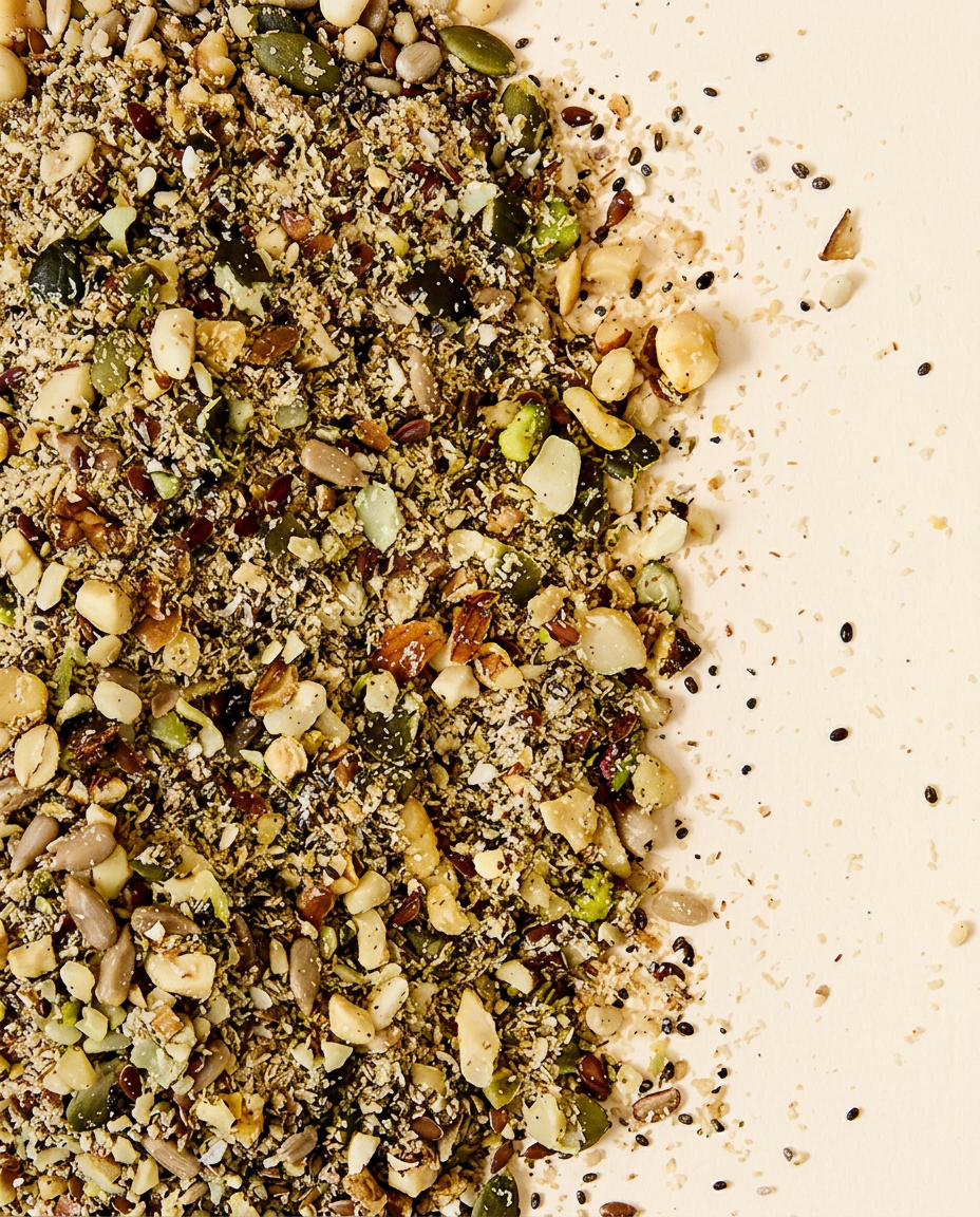 Close-up of Digestion Blend wholefood seeds and nuts on a beige background