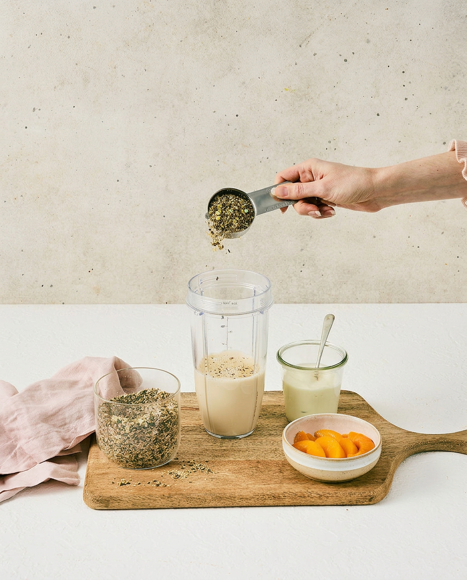 Hand pouring Iron Rich Blend using a standard ¼-cup kitchen measure into a blender cup with yoghurt and apricots — ¼-cup serving shown