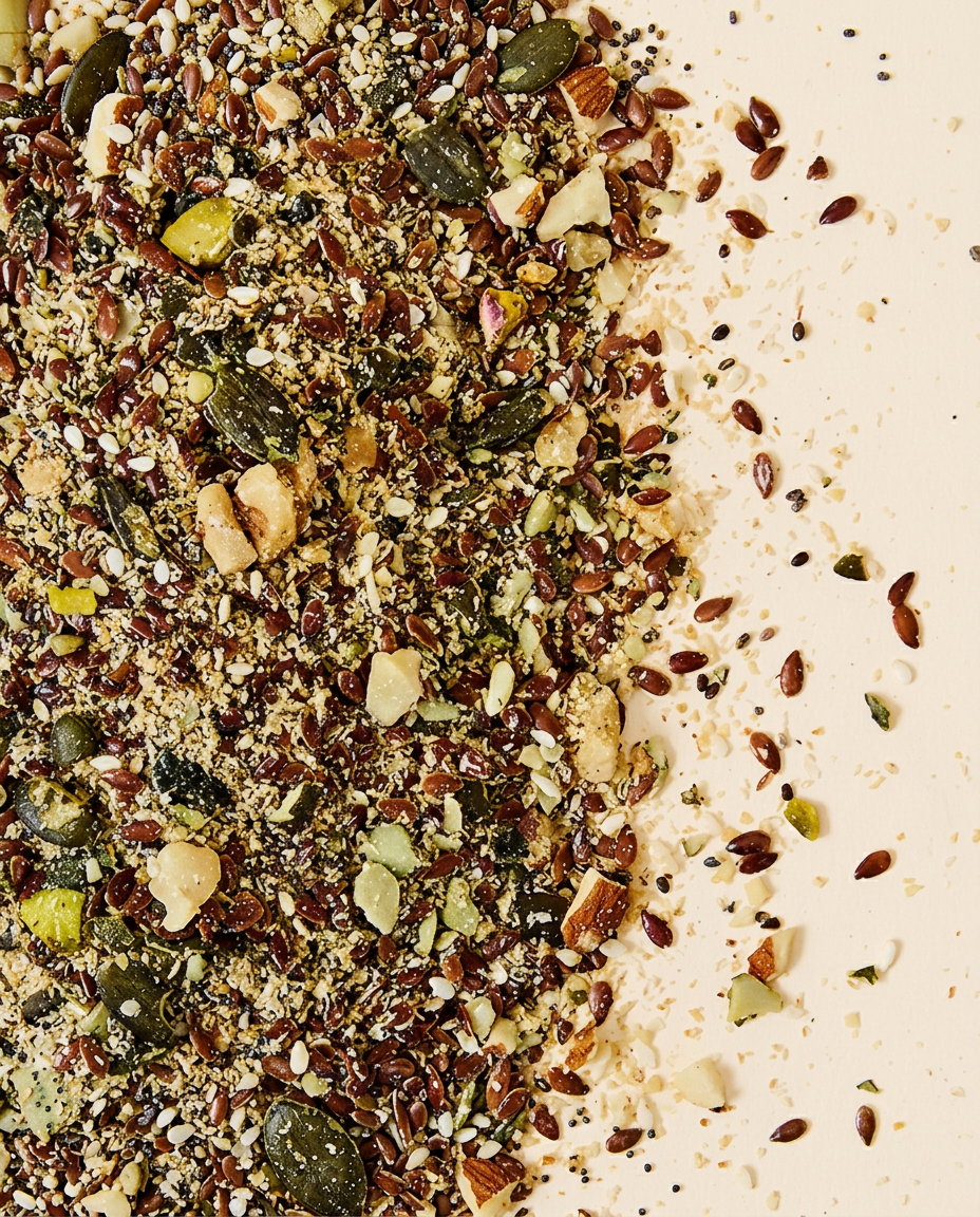 Close-up of Iron Rich Blend seeds, nuts and grains texture on a beige background