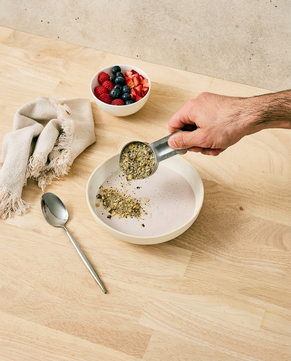 Hand pouring Digestion Blend using a standard ¼-cup kitchen measure into a bowl of yoghurt with fresh berries — ¼-cup serving shown