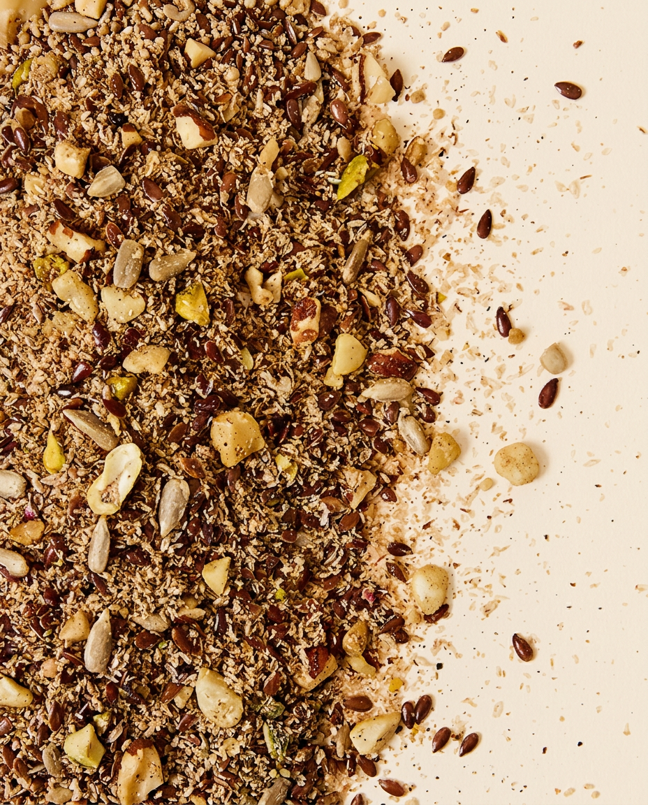 Close-up of Metabolism Blend seeds, nuts and grains texture on a beige background