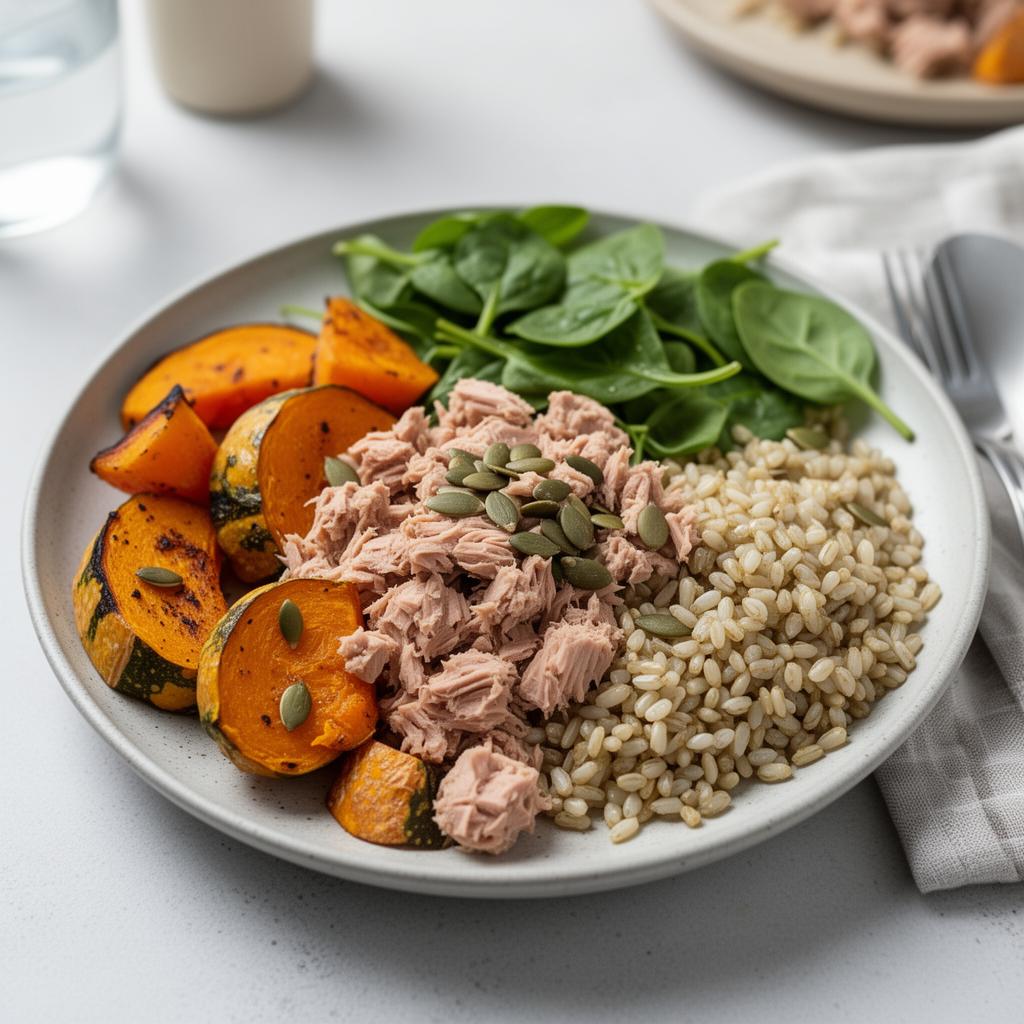 Balanced fertility-supporting meal with leafy greens, wholegrains, legumes, nuts and seeds