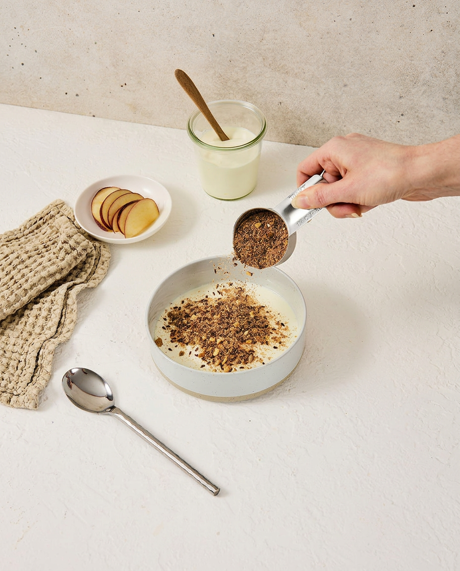 Hand adding Metabolism Blend using a standard ¼-cup kitchen measure to a bowl of yoghurt with plum — ¼-cup serving shown