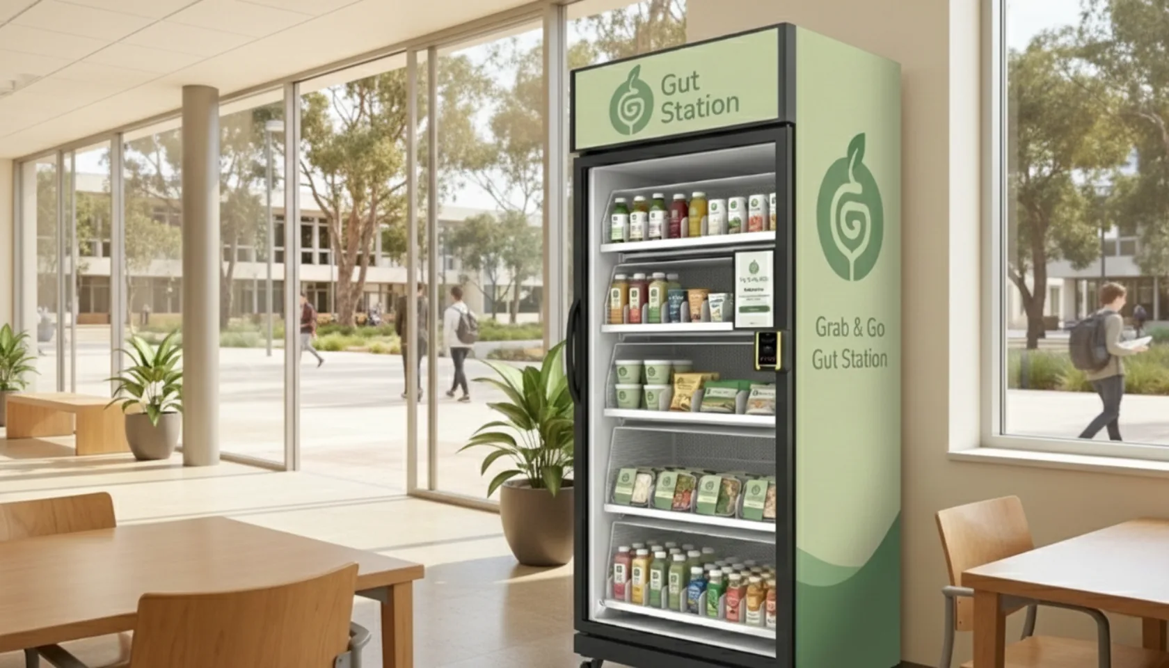 A smart fridge Gut Station in a calm hospital corridor, displaying healthy snacks and drinks