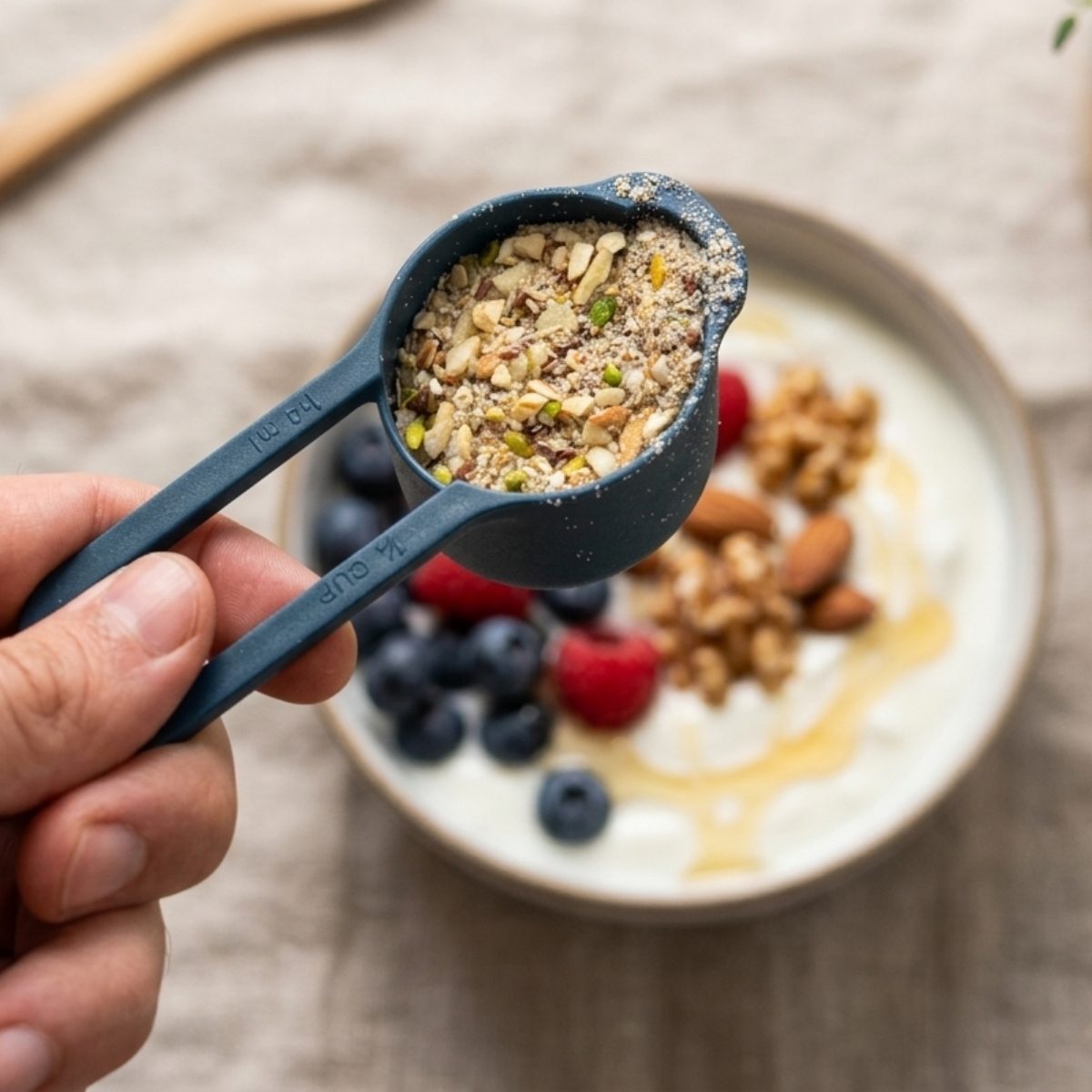 One quarter cup serving of My Daily Gut blend added to yoghurt